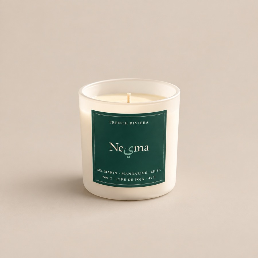 The Nesma Aigue Marine candle on a plain background, label facing forward.